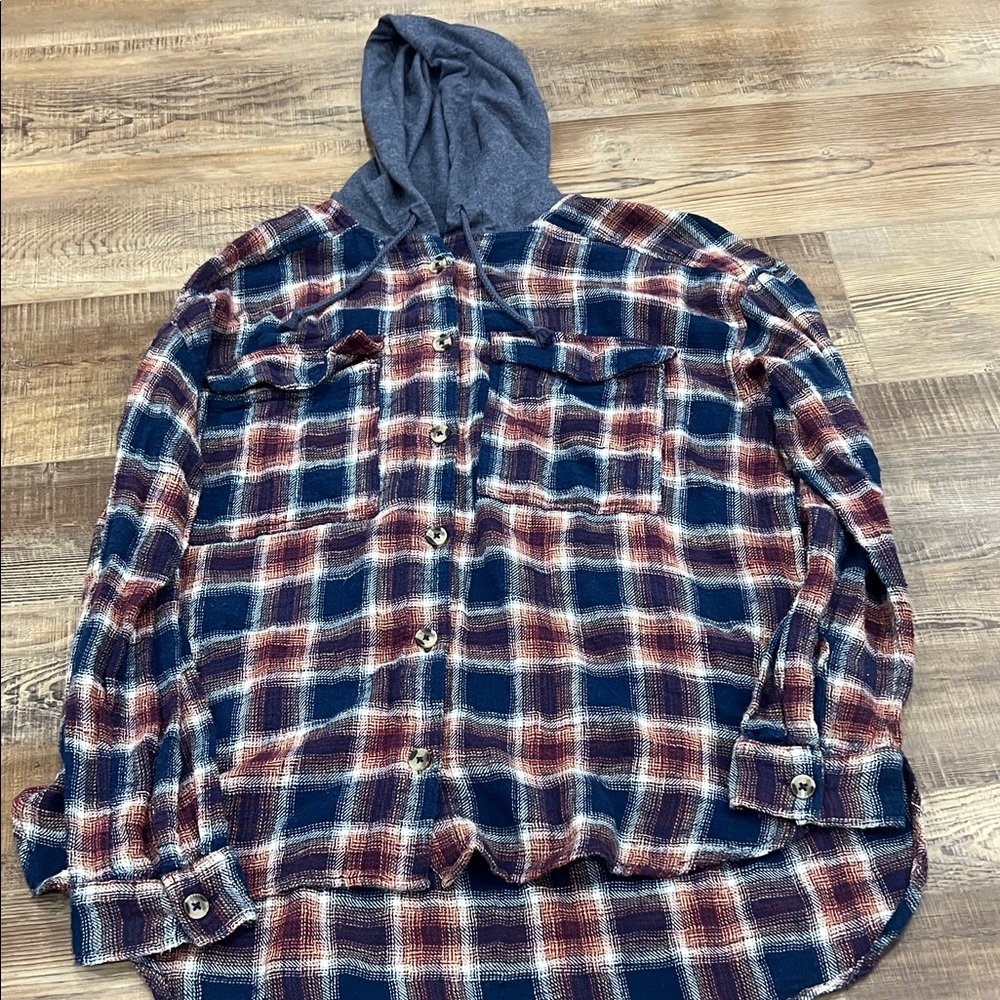 SO NavyPlaid Hooded Shirt size small
